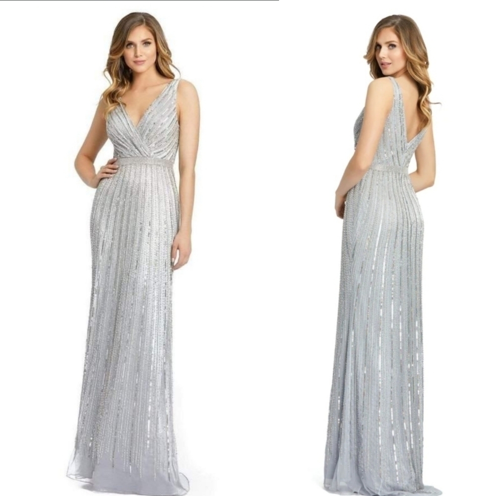 Mac Duggal 5219 V-neck Bead Sequin Embellished Gown Platinum Size 4